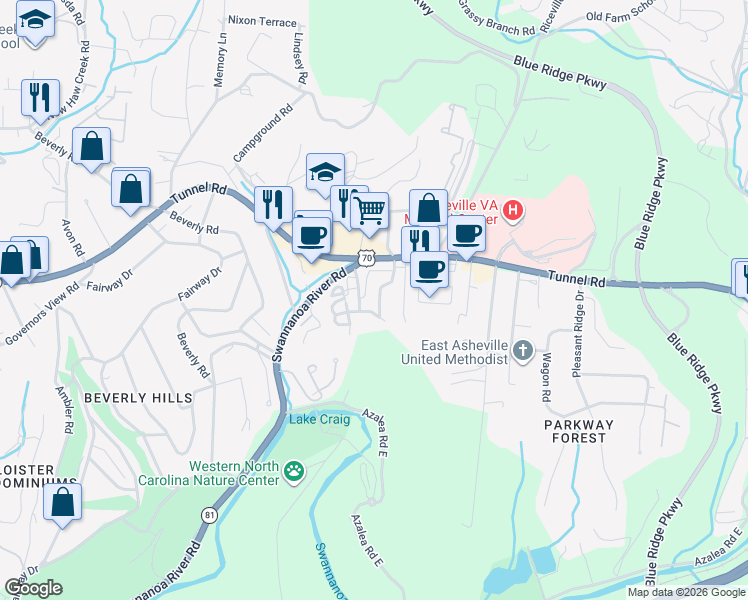 map of restaurants, bars, coffee shops, grocery stores, and more near 74 Pine Cone Drive in Asheville