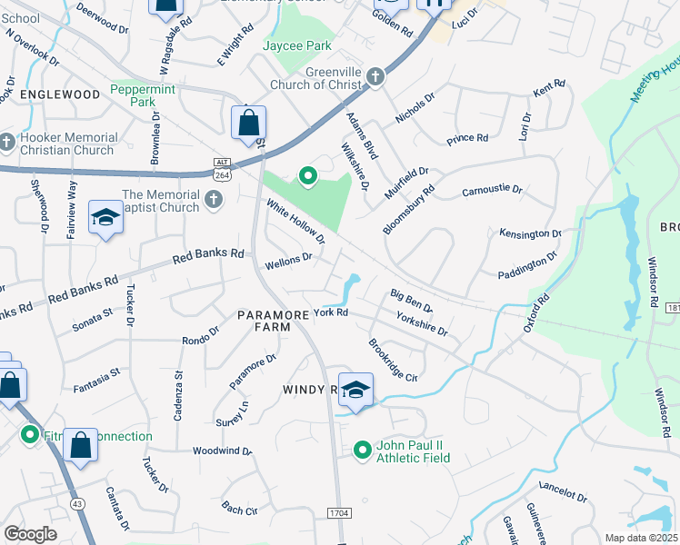 map of restaurants, bars, coffee shops, grocery stores, and more near 2225 Locksley Woods Drive in Greenville