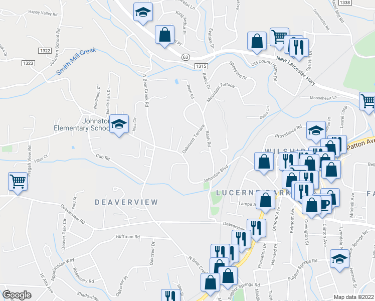 map of restaurants, bars, coffee shops, grocery stores, and more near 3 Oakmont Terrace in Asheville