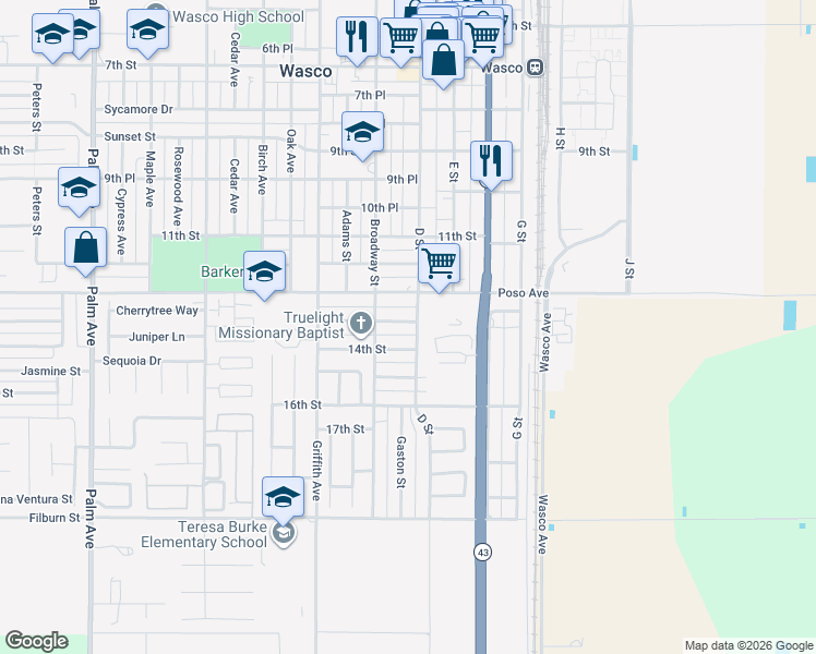 map of restaurants, bars, coffee shops, grocery stores, and more near 1009 13th Street in Wasco