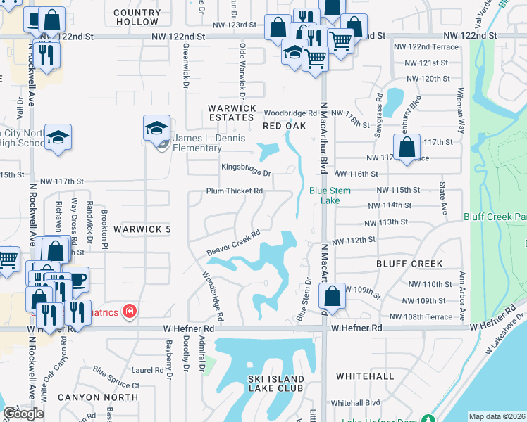 map of restaurants, bars, coffee shops, grocery stores, and more near 11312 Cedar Hollow Road in Oklahoma City