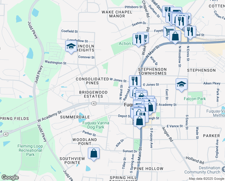 map of restaurants, bars, coffee shops, grocery stores, and more near 302 Holland Glen Street in Fuquay-Varina