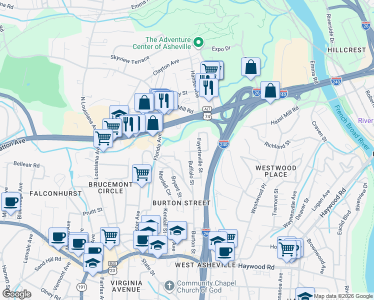map of restaurants, bars, coffee shops, grocery stores, and more near 67 Buffalo Street in Asheville