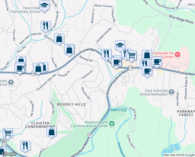 map of restaurants, bars, coffee shops, grocery stores, and more near 136 Beverly Road in Asheville