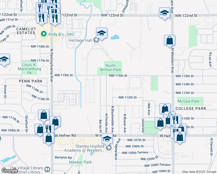map of restaurants, bars, coffee shops, grocery stores, and more near 11500 North Florida Avenue in Oklahoma City