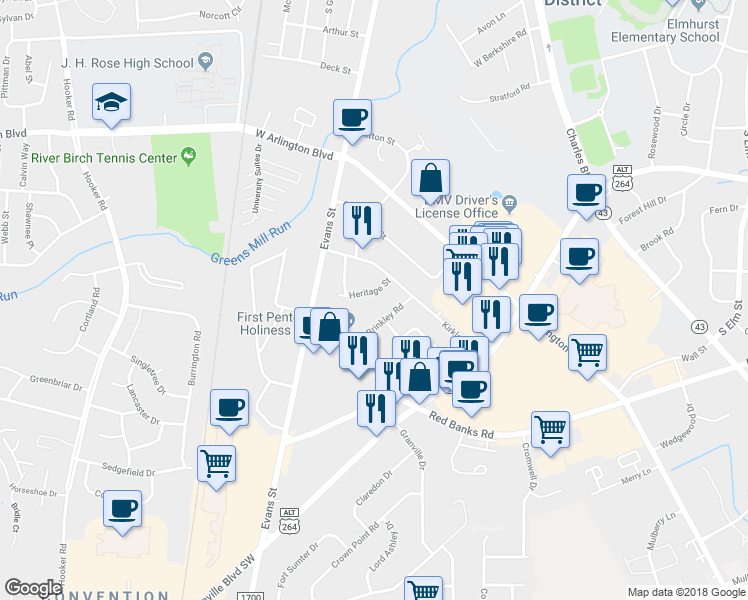 map of restaurants, bars, coffee shops, grocery stores, and more near 107 Heritage Street in Greenville