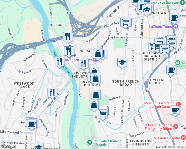 map of restaurants, bars, coffee shops, grocery stores, and more near 76 Park Square in Asheville