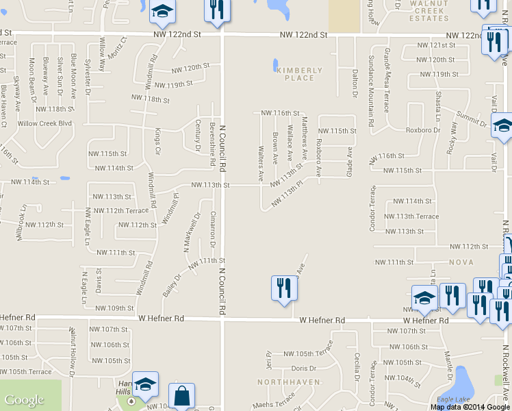 map of restaurants, bars, coffee shops, grocery stores, and more near 11357 Walters Avenue in Oklahoma City