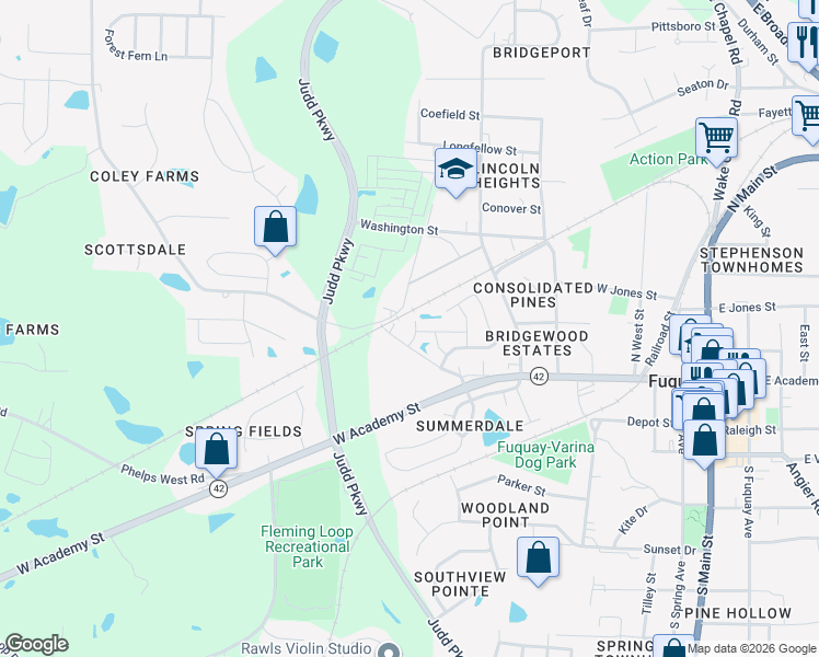 map of restaurants, bars, coffee shops, grocery stores, and more near 214 Loxton Street in Fuquay-Varina