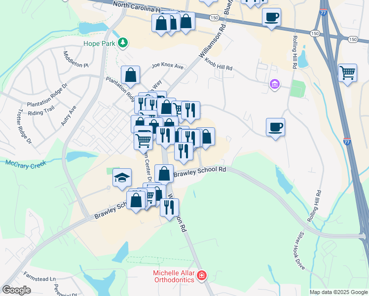 map of restaurants, bars, coffee shops, grocery stores, and more near Mooresville Commons Way in Mooresville