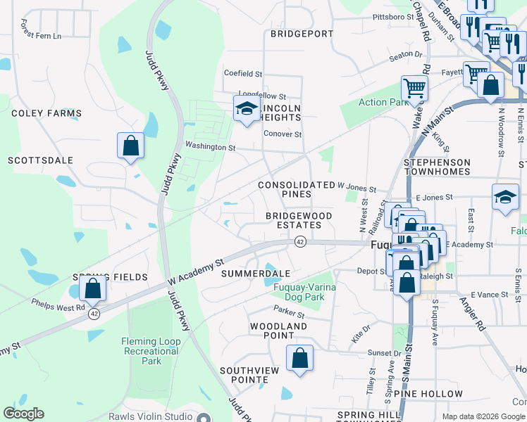 map of restaurants, bars, coffee shops, grocery stores, and more near 526 Dawley Drive in Fuquay-Varina