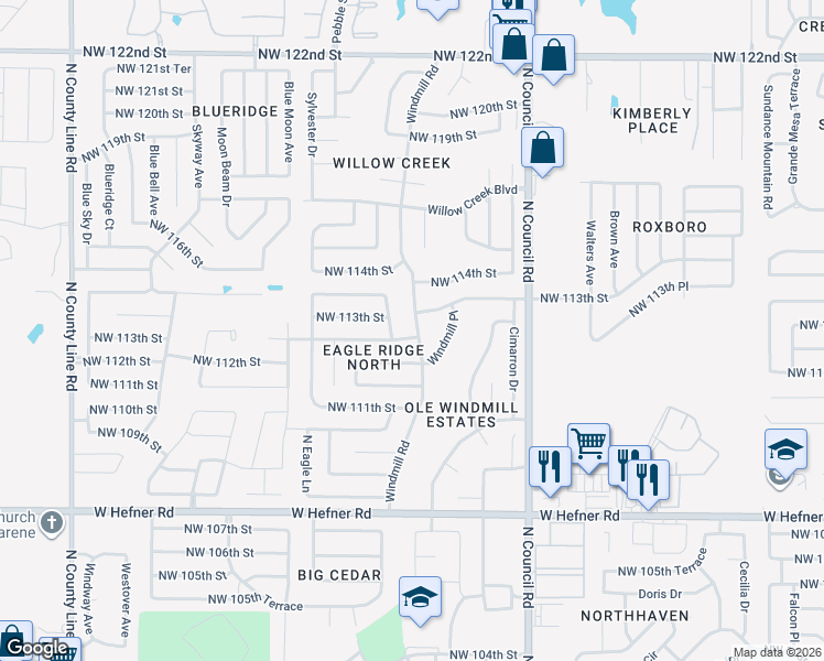 map of restaurants, bars, coffee shops, grocery stores, and more near 8217 Northwest 112th Terrace in Oklahoma City
