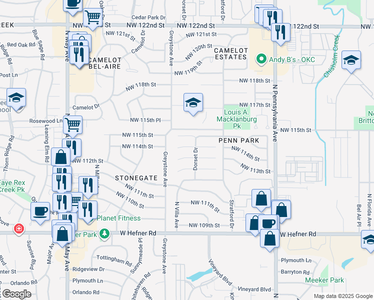 map of restaurants, bars, coffee shops, grocery stores, and more near 2408 Northwest 114th Street in Oklahoma City