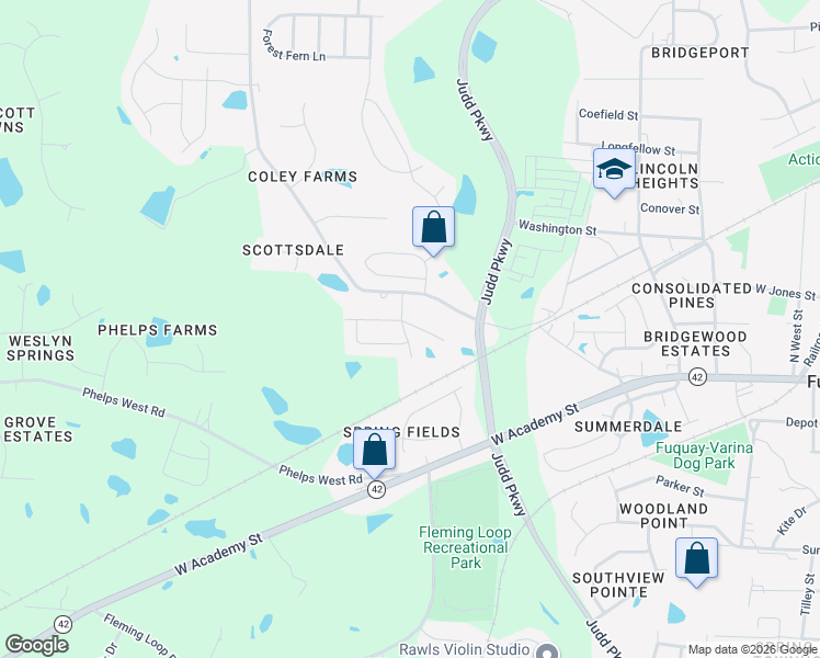 map of restaurants, bars, coffee shops, grocery stores, and more near 1077 Kafka Drive in Fuquay-Varina