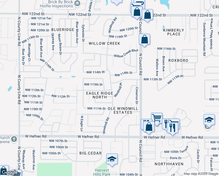 map of restaurants, bars, coffee shops, grocery stores, and more near 11320 Windmill Road in Oklahoma City