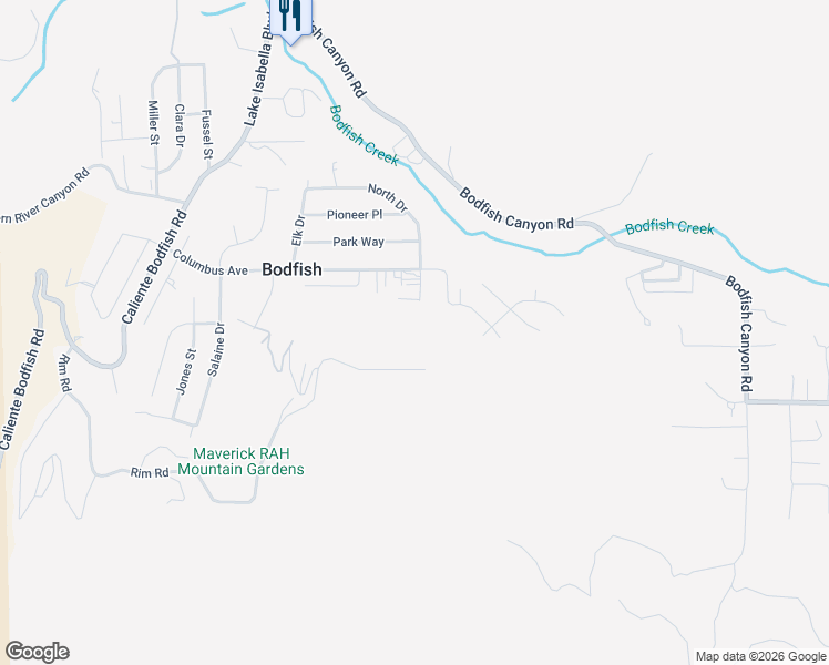 map of restaurants, bars, coffee shops, grocery stores, and more near 637 North Drive in Bodfish