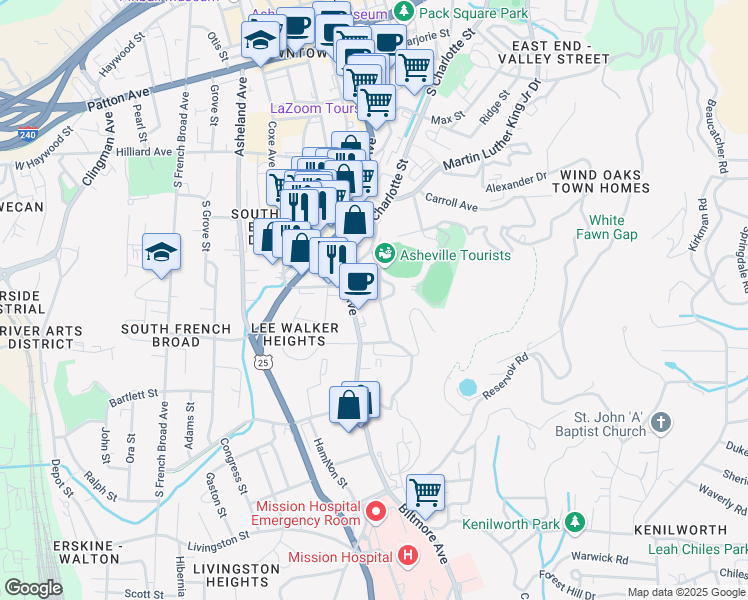 map of restaurants, bars, coffee shops, grocery stores, and more near 67 Buchanan Avenue in Asheville