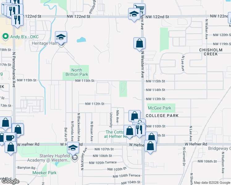 map of restaurants, bars, coffee shops, grocery stores, and more near 1240 Northwest 115th Street in Oklahoma City