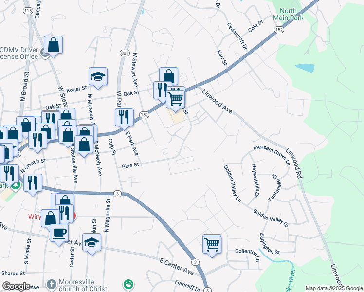 map of restaurants, bars, coffee shops, grocery stores, and more near 1008 Pine Street in Mooresville