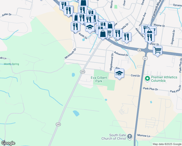 map of restaurants, bars, coffee shops, grocery stores, and more near 107A Bandywood Court in Columbia