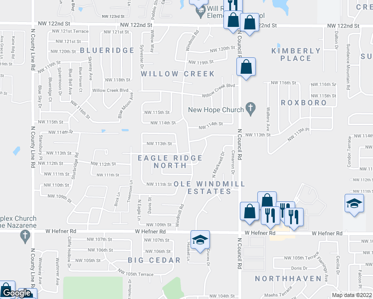 map of restaurants, bars, coffee shops, grocery stores, and more near 11320 Windmill Road in Oklahoma City