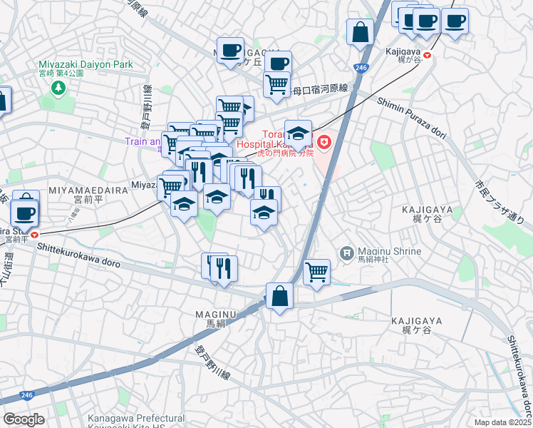 map of restaurants, bars, coffee shops, grocery stores, and more near in Kawasaki