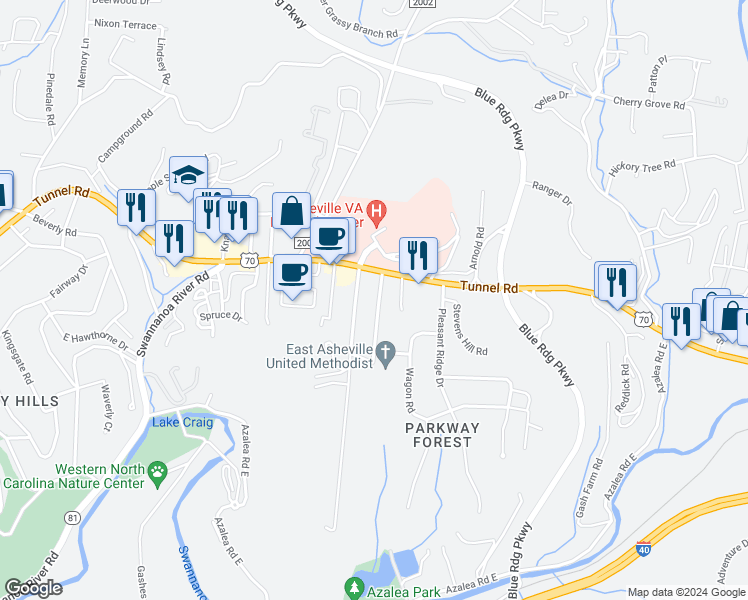 map of restaurants, bars, coffee shops, grocery stores, and more near 13 Browndale Road in Asheville