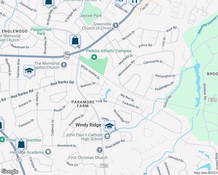 map of restaurants, bars, coffee shops, grocery stores, and more near 2237 Locksley Woods Drive in Greenville