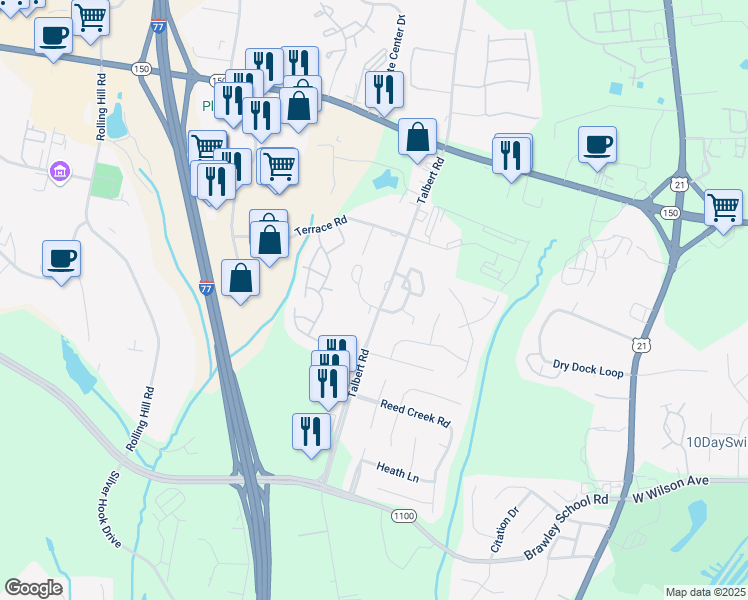 map of restaurants, bars, coffee shops, grocery stores, and more near 106 Colonial Ridge Circle in Mooresville