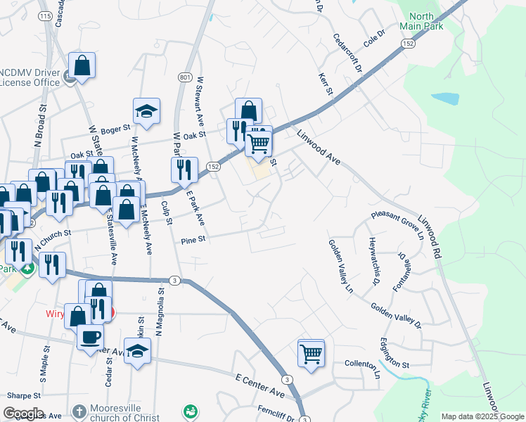 map of restaurants, bars, coffee shops, grocery stores, and more near 1008 Pine Street in Mooresville