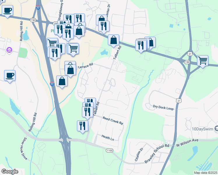 map of restaurants, bars, coffee shops, grocery stores, and more near 142 Talbert Town Loop in Mooresville
