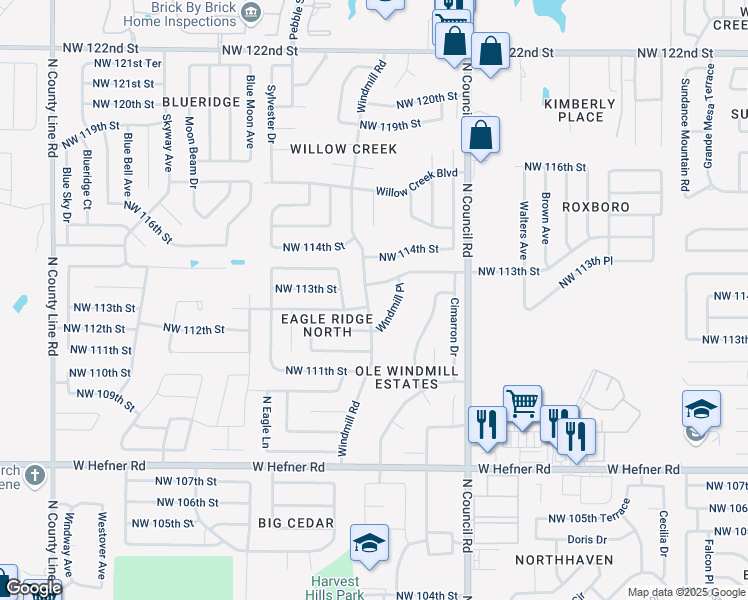 map of restaurants, bars, coffee shops, grocery stores, and more near 11320 Windmill Road in Oklahoma City