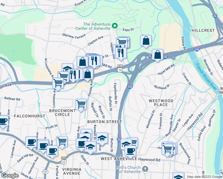 map of restaurants, bars, coffee shops, grocery stores, and more near 67 Buffalo St in Asheville