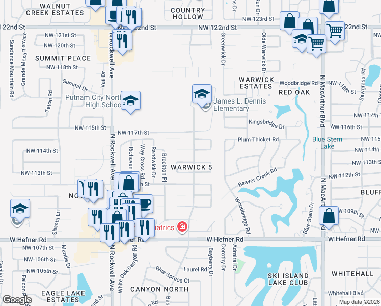 map of restaurants, bars, coffee shops, grocery stores, and more near 6600 Northwest 115th Street in Oklahoma City