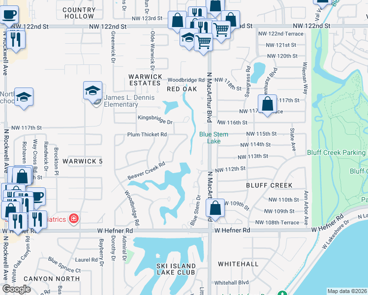 map of restaurants, bars, coffee shops, grocery stores, and more near 11312 Shady Glen Road in Oklahoma City