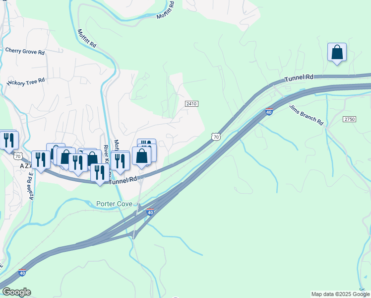 map of restaurants, bars, coffee shops, grocery stores, and more near 69 Briggs Road in Asheville