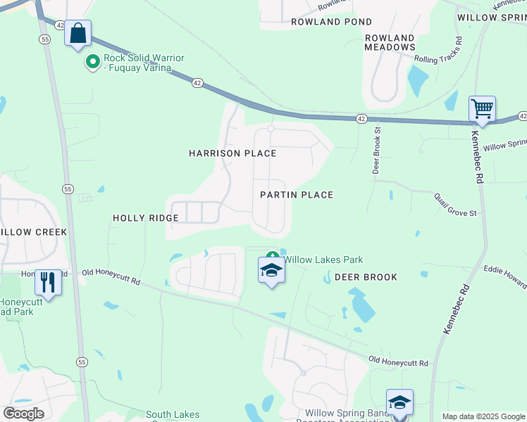 map of restaurants, bars, coffee shops, grocery stores, and more near 121 Willow Grove Lane in Fuquay-Varina
