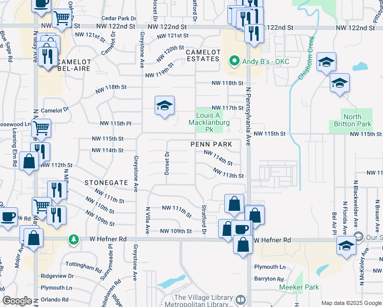 map of restaurants, bars, coffee shops, grocery stores, and more near 2300 Northwest 114th Street in Oklahoma City