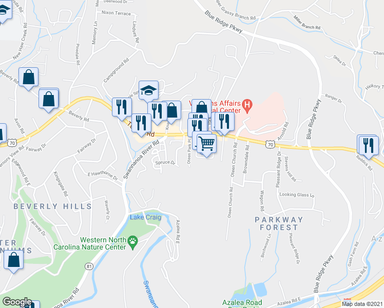 map of restaurants, bars, coffee shops, grocery stores, and more near 18 Oteen Park Place in Asheville