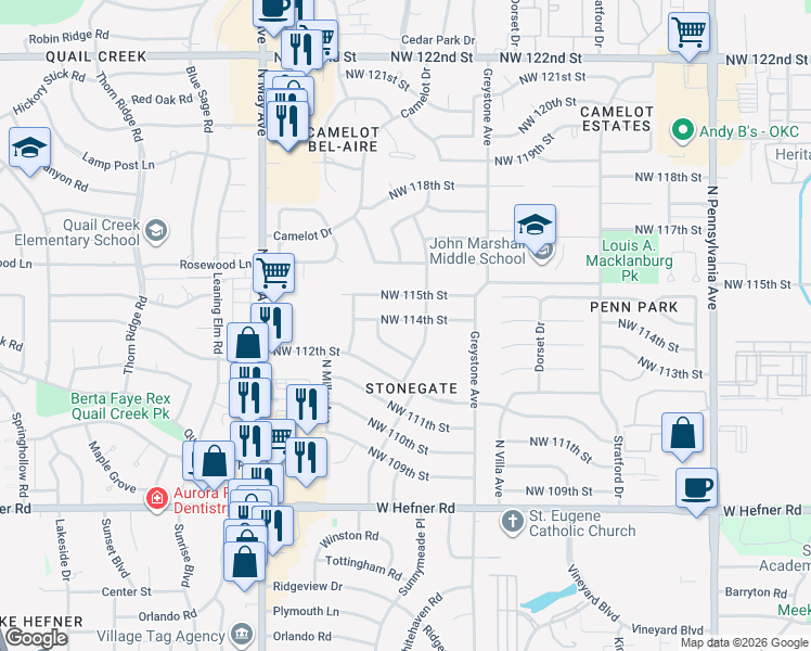 map of restaurants, bars, coffee shops, grocery stores, and more near 2608 Northwest 114th Street in Oklahoma City