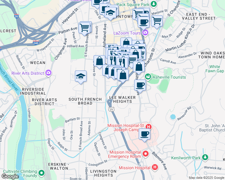map of restaurants, bars, coffee shops, grocery stores, and more near 90A Southside Ave in Asheville