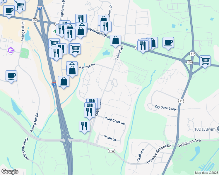 map of restaurants, bars, coffee shops, grocery stores, and more near 142 Talbert Town Loop in Mooresville