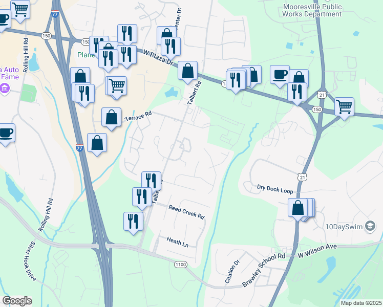 map of restaurants, bars, coffee shops, grocery stores, and more near 151 Kallie Loop in Mooresville