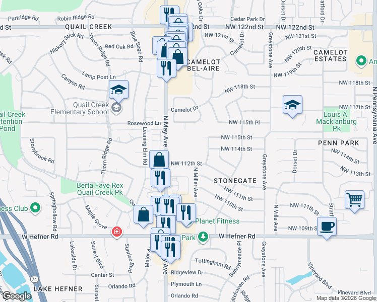 map of restaurants, bars, coffee shops, grocery stores, and more near 11420 Benttree Circle in Oklahoma City