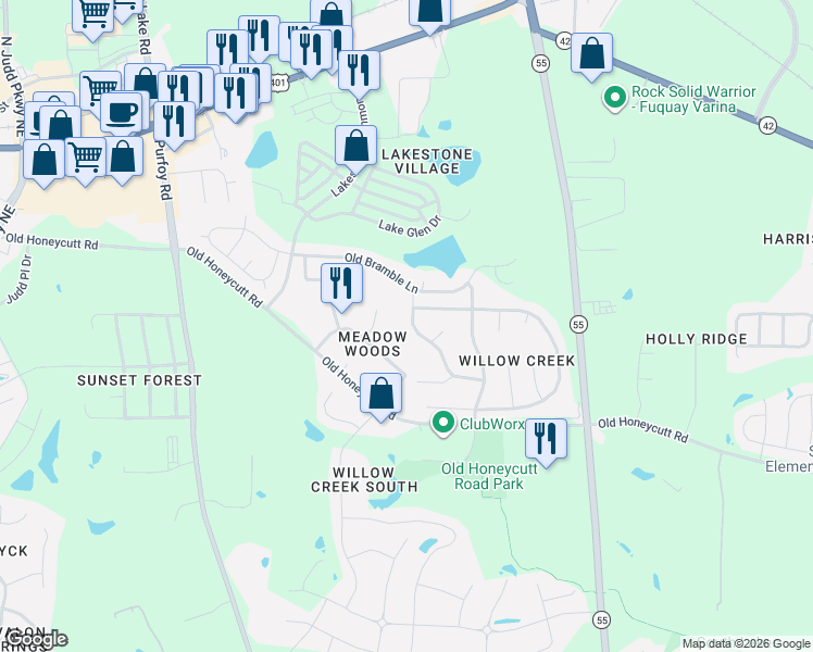 map of restaurants, bars, coffee shops, grocery stores, and more near 244 North Fuquay Springs Avenue in Fuquay-Varina
