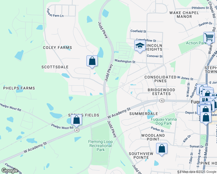 map of restaurants, bars, coffee shops, grocery stores, and more near 212 Coley Farm Road in Fuquay-Varina