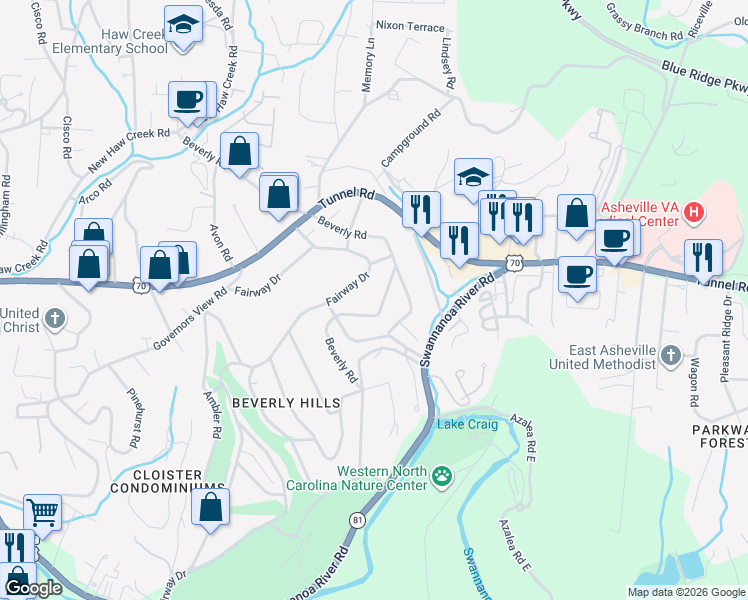 map of restaurants, bars, coffee shops, grocery stores, and more near 136 Beverly Road in Asheville