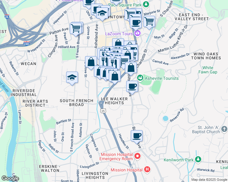 map of restaurants, bars, coffee shops, grocery stores, and more near 88 Southside Avenue in Asheville