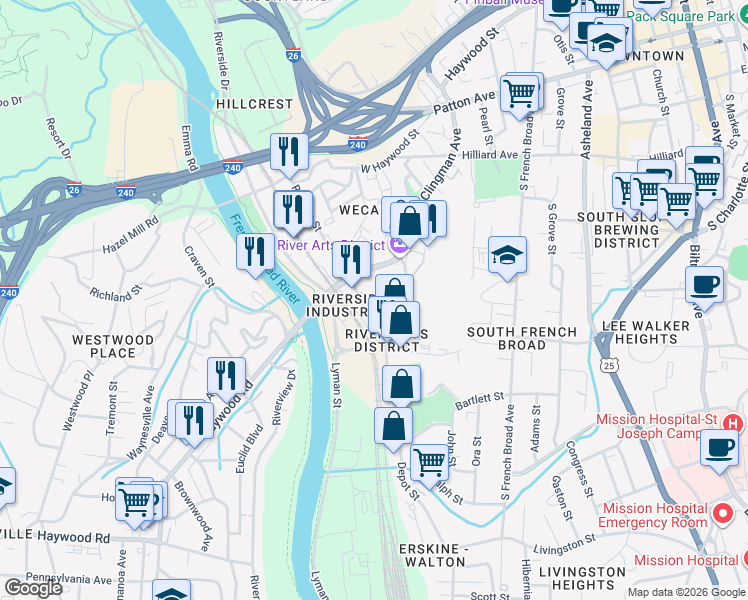 map of restaurants, bars, coffee shops, grocery stores, and more near 140C Roberts Street in Asheville