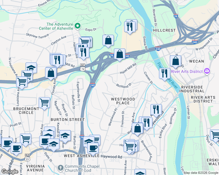 map of restaurants, bars, coffee shops, grocery stores, and more near 160 Richland Street in Asheville